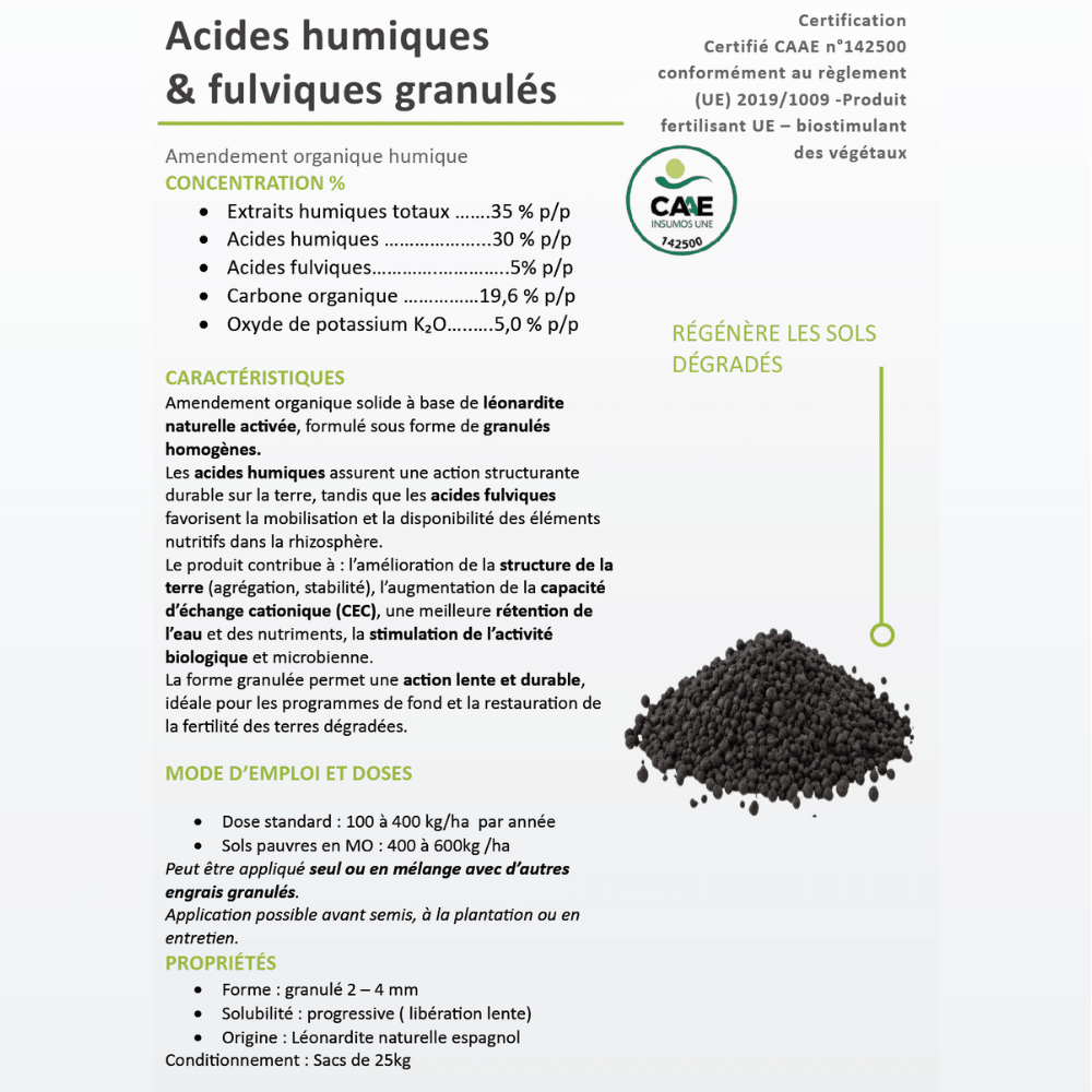 Amendement organique humique granulé à base de léonardite activée, 30 % acides humiques et 5 % acides fulviques, certifié CAAE, pour améliorer la structure de la terre, la CEC, la rétention de l’eau et la régénération durable des sols dégradés.