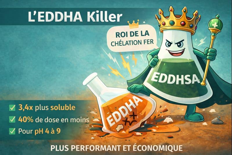 Illustration du chélate de fer EDDHSA écrasant l’EDDHA, montrant sa meilleure solubilité et efficacité agronomique.