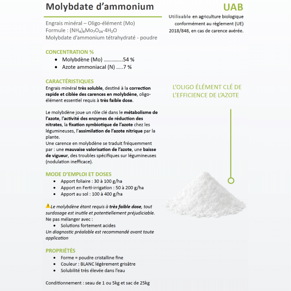 Molybdate d’ammonium tétrahydraté poudre utilisable en agriculture biologique, 54 % molybdène et 7 % azote ammoniacal, oligo-élément très soluble pour correction précise des carences en molybdène et optimisation de l’efficacité de l’azote.